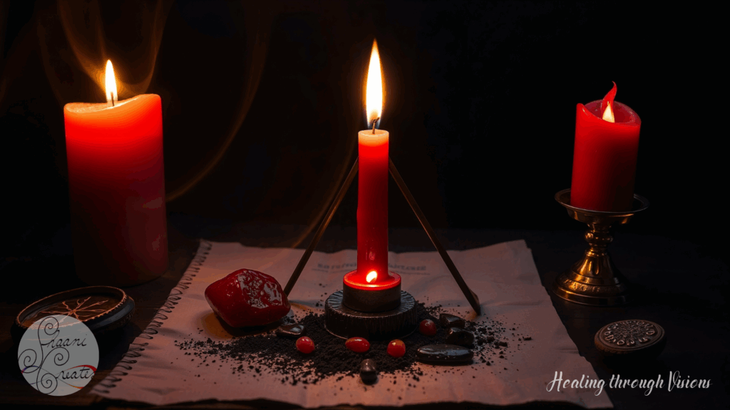 Three red candles burn steadily on a dark altar, the central taper framed by metal supports, creating a triangle of focus and fire. Red jasper and garnet stones are scattered across black ritual powder, anchoring the flame’s intensity with grounded magic. A sheet of parchment lies beneath the setup, holding written intentions. Brass and iron elements encircle the space, hinting at protection, potency, and sacred movement. This altar channels the essence of Tuesday Mars Day—action guided by purpose, fire held with reverence, power in motion.