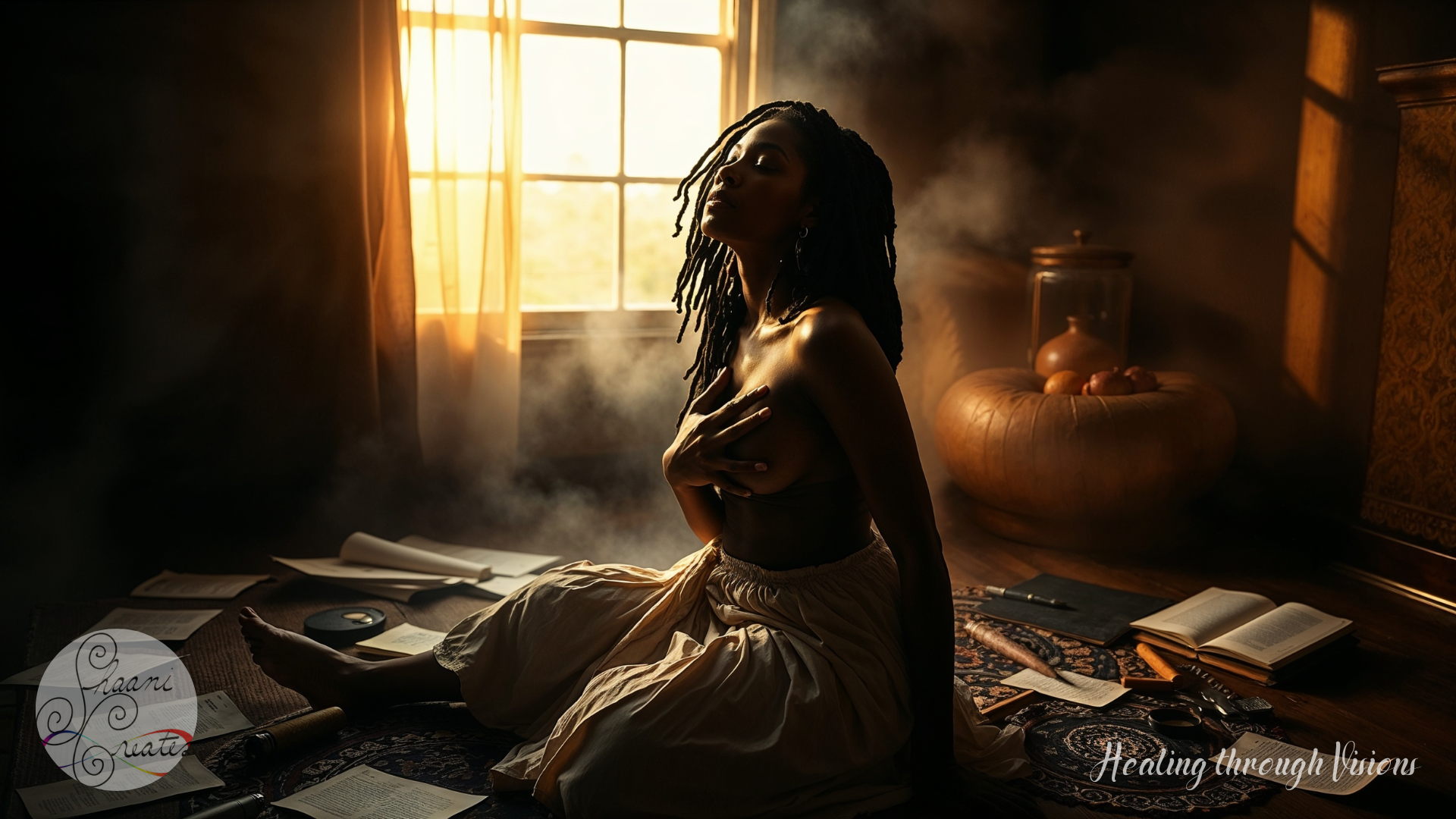 A radiant Black woman with locs sits on a circular woven mat, surrounded by scattered handwritten pages, ritual tools, and open journals. Smoke swirls gently in the sunlit room as she presses one hand to her chest, eyes closed in raw presence. Nothing is perfectly placed—everything is real. The energy is thick with emotion, memory, and release. This is a sacred snapshot of what transmutation looks like in real time—unfiltered, alive, and holy.