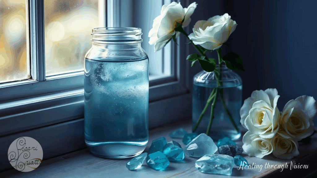 A mason jar of moon water sits on a windowsill bathed in soft, blue-toned morning light. Tiny bubbles rise within the jar, as if carrying whispered intentions to the surface. Clusters of aquamarine and clear blue crystals shimmer around its base, their energy quiet but potent. Beside them, white roses bloom in full softness—some in water, others resting gently on the sill—offering the tender grace of emotional renewal. The window is fogged from the cool outside air, evoking a dreamy, liminal space between the inner and outer worlds. This scene captures the essence of Moonday—still, sacred, and deeply intuitive. A moment of devotion to the self, to the Moon, and to the magic of being present.