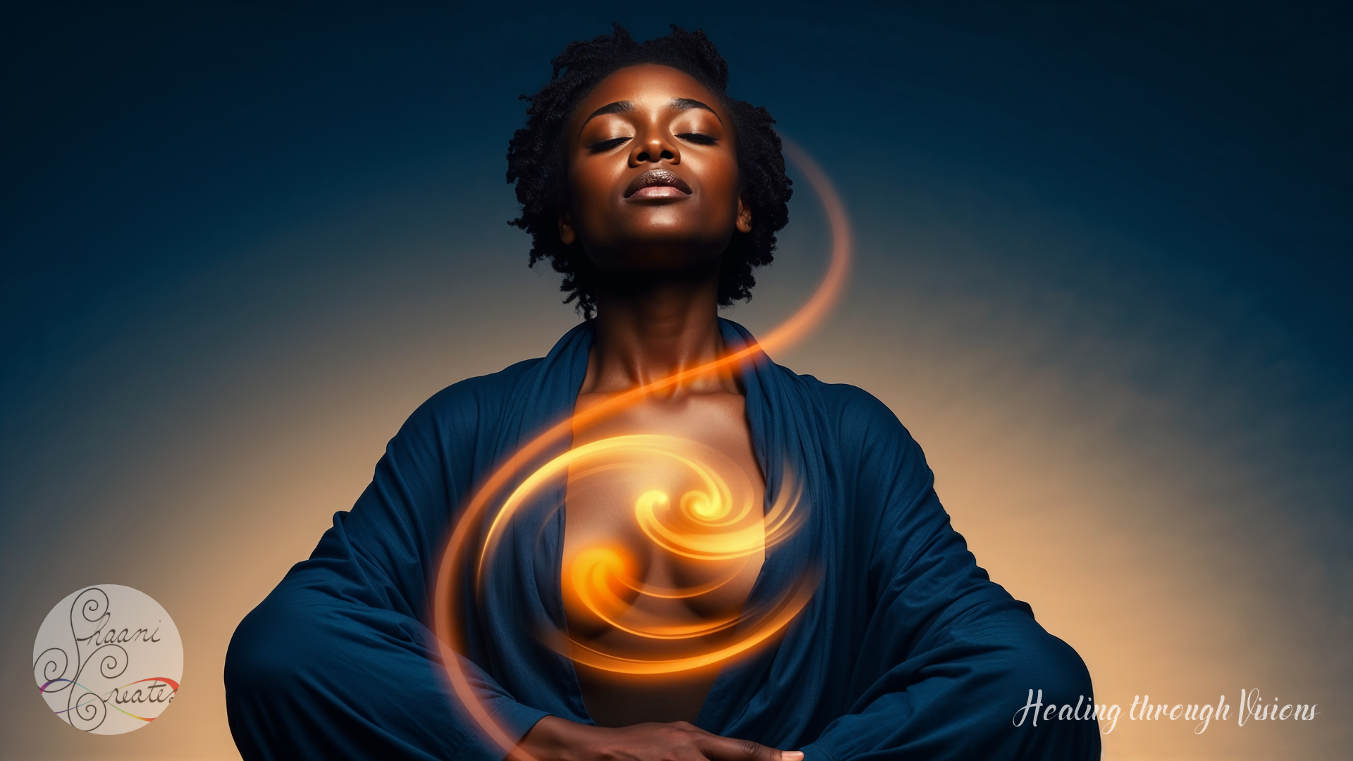 A beautiful Black woman with locs lays peacefully on a circular woven mat, wrapped in a deep blue cloth that cradles her body like a cocoon. Her face is tilted toward the golden light, soft and relaxed, lips gently parted in blissful surrender. The Earth beneath her is warm, textured, and alive. This moment speaks of grounding, presence, and restoration—a visual hymn to the quiet after chanting. She is not asleep—she is communing. Listening. Receiving. The essence of Om lingers in the silence that follows.