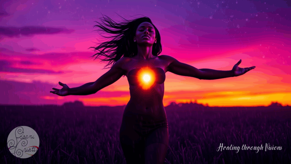 A radiant Black woman stands in an open field at sunset, arms outstretched in surrender, with her heart center glowing like a radiant sun. Her hair flows in the wind as vibrant hues of purple, pink, and orange paint the sky behind her. The light from her chest illuminates her body, symbolizing openness, radical acceptance, and the power of living with compassion. The scene embodies strength, healing, and expansion through conflict and transformation.