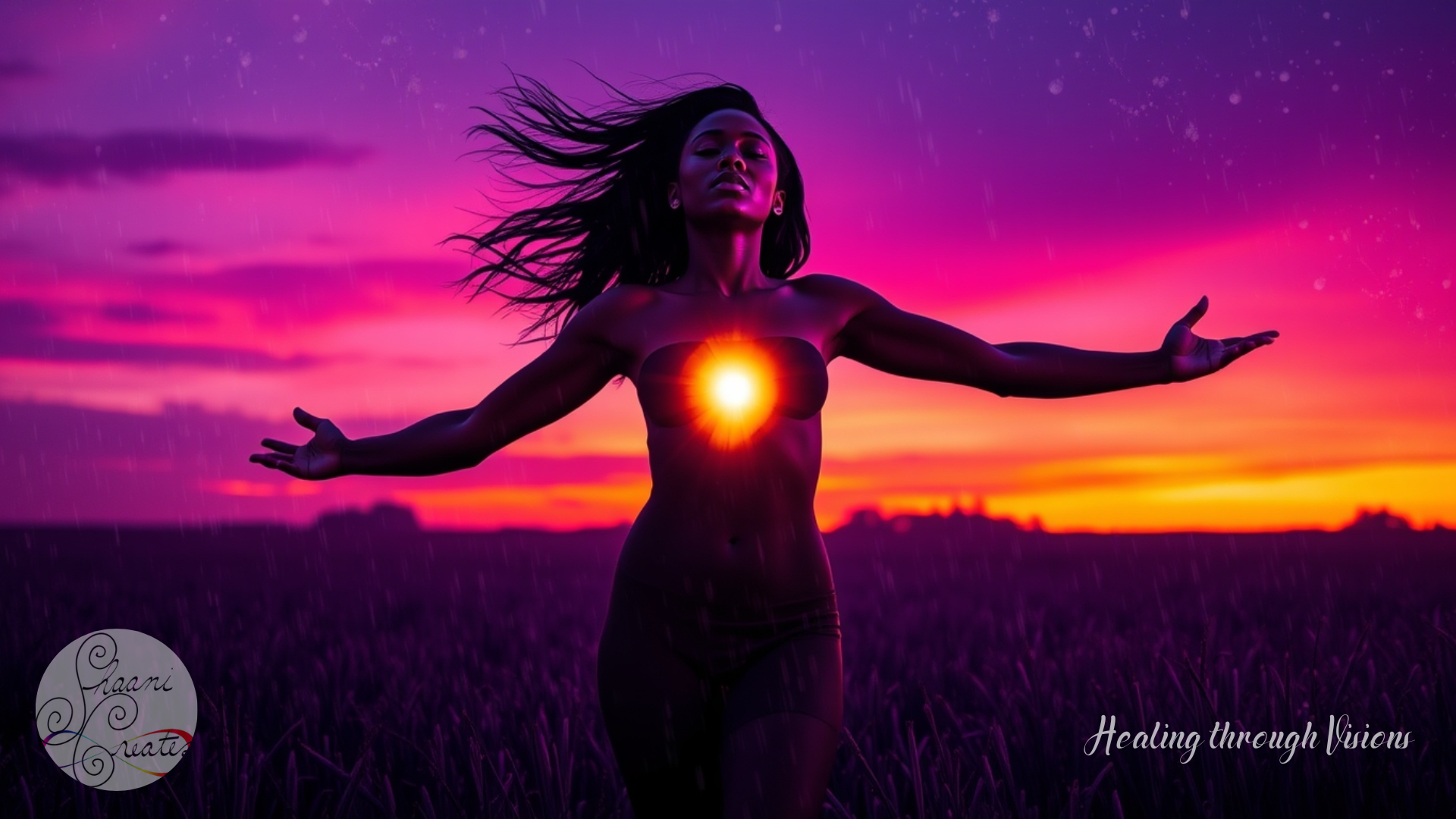 A radiant Black woman stands in an open field at sunset, arms outstretched in surrender, with her heart center glowing like a radiant sun. Her hair flows in the wind as vibrant hues of purple, pink, and orange paint the sky behind her. The light from her chest illuminates her body, symbolizing openness, radical acceptance, and the power of living with compassion. The scene embodies strength, healing, and expansion through conflict and transformation.
