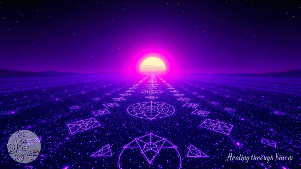 A luminous violet pathway glows beneath a starlit sky, lined with radiant sacred symbols and intricate geometric patterns. The road stretches endlessly toward a rising sun, its magenta and gold light bathing the horizon in warmth and cosmic grace. This visual evokes a journey rooted in prosperity and purpose—each step guided by trust, clarity, and sacred reciprocity. The energy speaks of wholeness, wellness, and the flow of abundant, healthy exchanges—expanding outward into wealth, spiritual growth, and embodied alignment with divine timing.