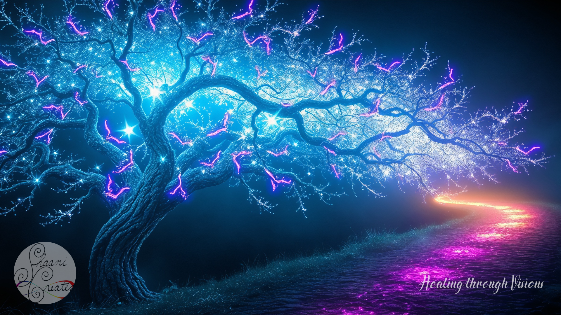 A luminous, otherworldly tree glows in brilliant shades of blue and violet, its branches alive with radiant sparks of energy. Beneath its reach, a shimmering path of pink and golden light curves gently into the unknown, calling the soul forward. The scene feels like stepping into the living essence of the universal laws, mystical, expansive, and full of possibility, an open invitation to walk in harmony with the deeper currents of life.