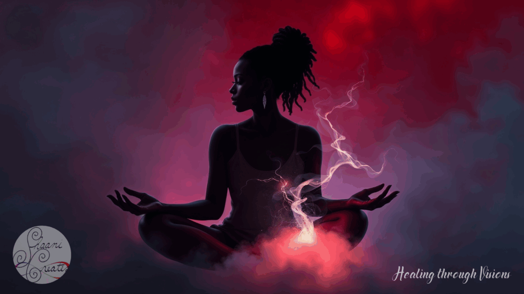 A powerful Black woman sits cross-legged in sacred stillness, surrounded by swirling clouds of crimson and twilight violet. Her silhouette is serene yet commanding, bathed in a soft glow that emanates from her core. A spiral of luminous smoke rises from her womb space, curling upward like a divine transmission from within. The atmosphere feels otherworldly, like standing at the edge of a portal. This image embodies the essence of Healing through Visions—a sanctuary for those called to remember, receive, and rise. It speaks of sacred return, of choosing presence, and of answering the soul’s invitation to come home.