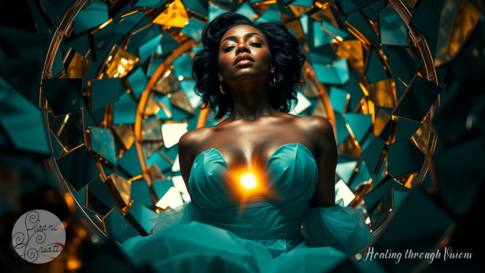 A radiant Black woman sits in stillness, surrounded by fractured teal and gold mirrors that curve into a vortex behind her. Her eyes are closed, lips parted in soft release, and a glowing orange light burns in the center of her chest—alive, sacred, untouchable. Her teal gown billows around her like a wave of self-remembering. Though the mirrors around her reflect fragments, she remains whole.