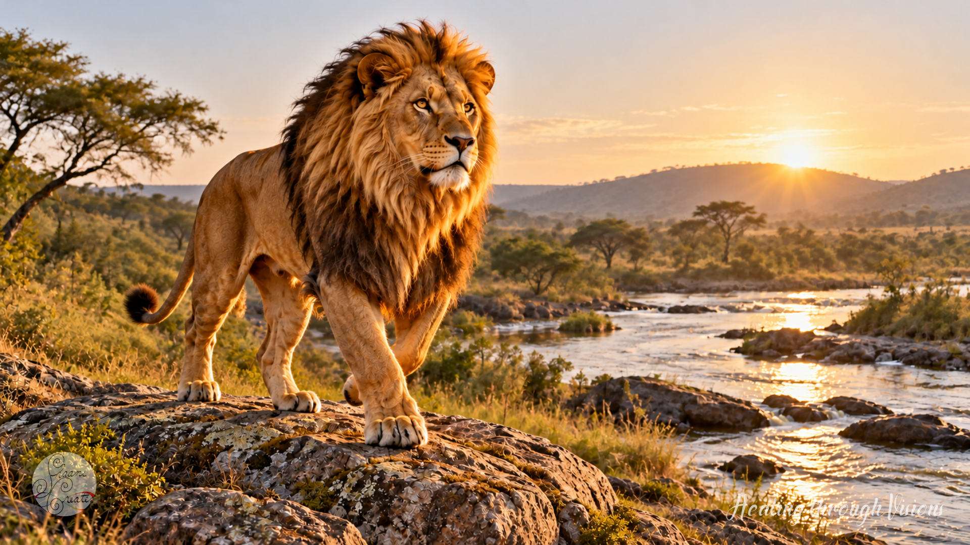 A male lion strides across rocks beside a flowing river, with acacia trees and golden sunrise light in the background.