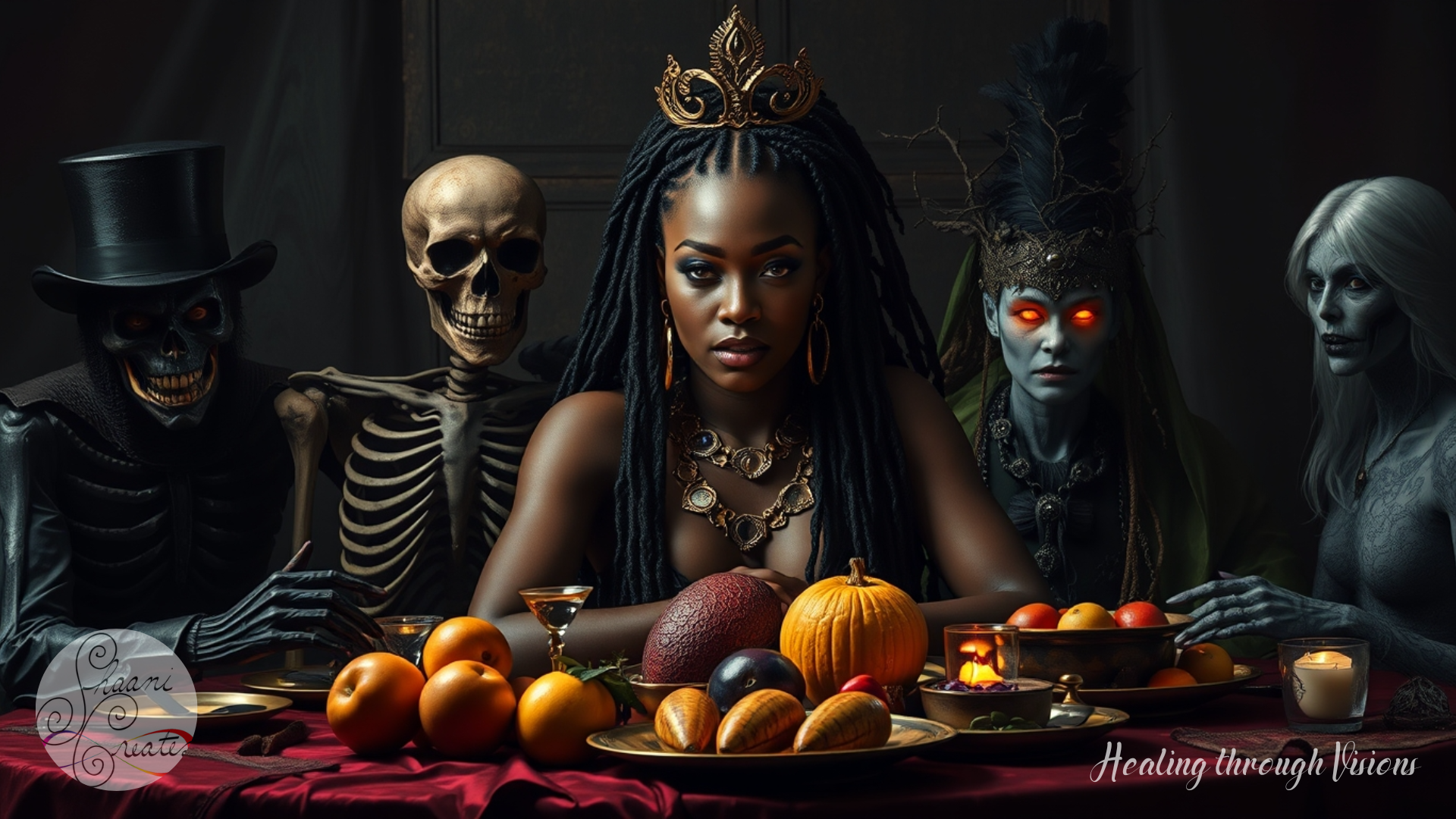 A radiant Black woman sits at the head of a long, ancient table, cloaked in deep fabrics that shimmer like galaxies and velvet. Her crown is not just gold; it pulses with memory and magic. Her eyes hold lifetimes. Around her sit five distinct figures, each embodying a different facet of her shadow and strength. One wears a skeletal grin and a top hat, laughing with death and timing. Another is cloaked in feathers and watches with regal distance, protecting the parts that trust slowly. A third glows with molten gold eyes and vine-wrapped limbs, the part that thrives in chaos. The fourth shimmers with cosmic skin, a keeper of visions and the unseen. The last is mist with gemstone tears, carrying the grief that shaped her into something precious. This is not a war. It is a gathering. A feast of power, truth, and transformation. The woman at the head is not haunted by her shadows. She invites them in, feeds them, and listens. She is the architect of the ritual, the fire in the center, the story they all serve.
