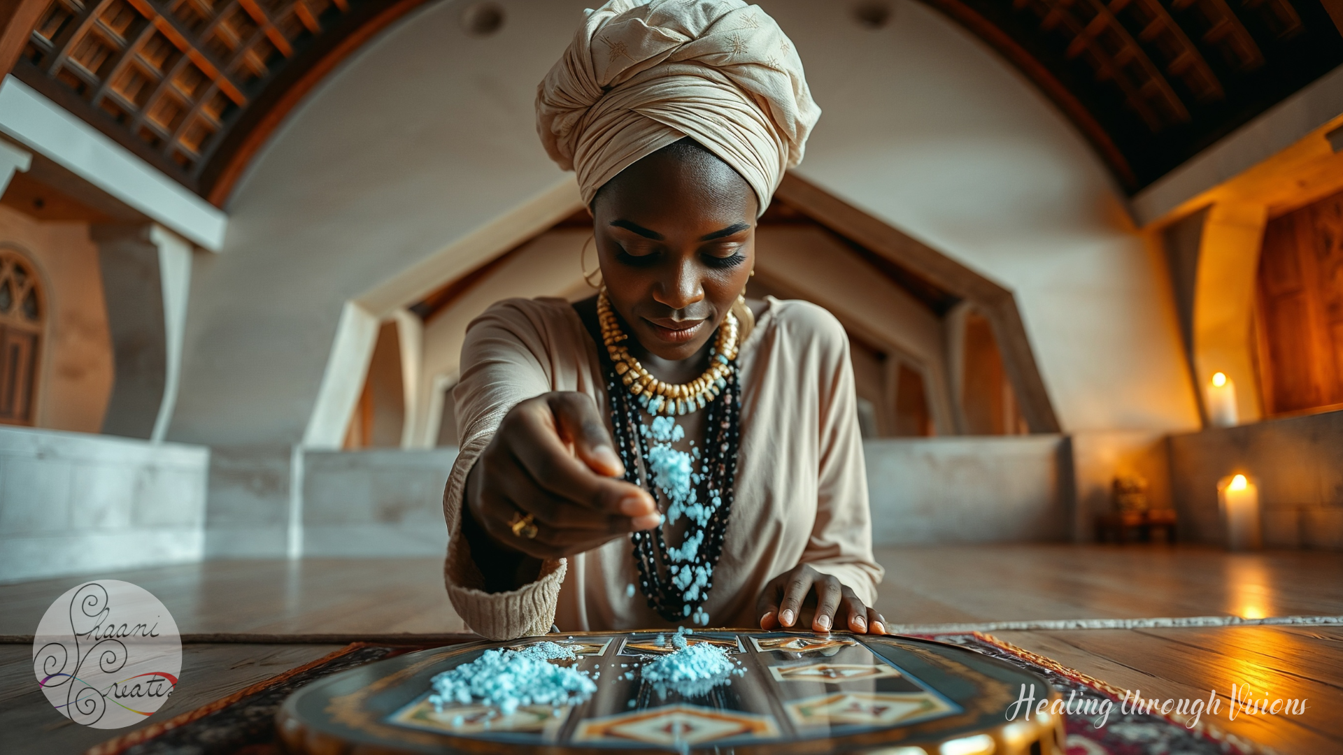 A richly melanated woman kneels in sacred focus, centered in a spacious, softly lit room with arched ceilings and glowing candles. Wrapped in a beige headwrap and adorned with layered black and gold beaded necklaces, she sprinkles pale blue ritual powder with deliberate care onto a circular altar board etched with geometric symbols. Her gaze is low and steady, hands precise, embodying the sacred act of reversal and energetic redirection. The atmosphere is thick with presence—silent, powerful, and alive with ancient knowing. This is mastery in motion.