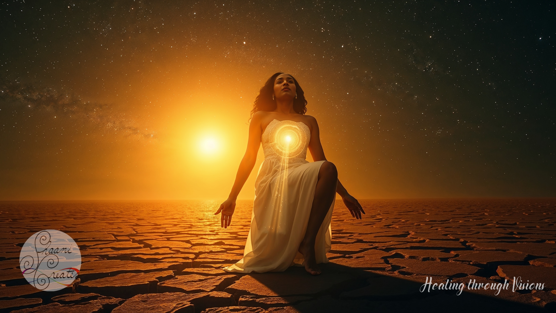 A powerful Black woman kneels barefoot on cracked desert terrain beneath a galaxy of stars. Wrapped in a flowing white dress, she glows from within—light spiraling out from her heart center in concentric waves. The golden-orange sky bathes the entire landscape in warm radiance, evoking both sunrise and inner awakening. Her face turns upward in reverence and knowing. She doesn’t just reflect the cosmos—she channels it. This is the moment her soul steps forward and the Earth listens.