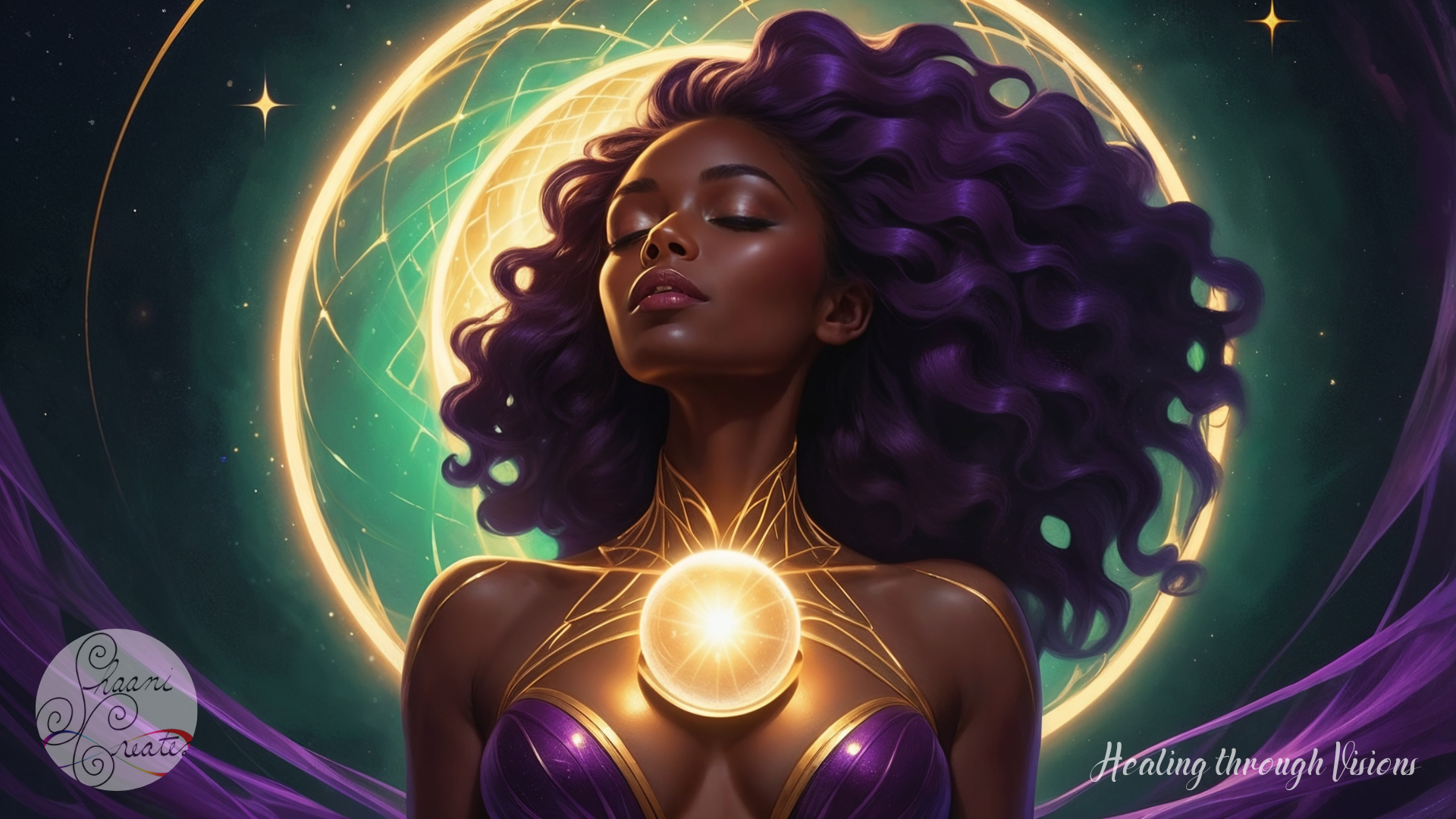 A powerful Black woman stands in stillness, her face lifted in sacred surrender as a glowing orb of golden light radiates from her heart center. Her rich purple hair flows like waves of cosmic energy, crowned by a luminous halo of sacred geometry that pulses behind her. The emerald and midnight backdrop evokes a timeless realm of deep magic and creation. This image holds the essence of manifestation as a devotional act—aligned, intentional, and embodied.