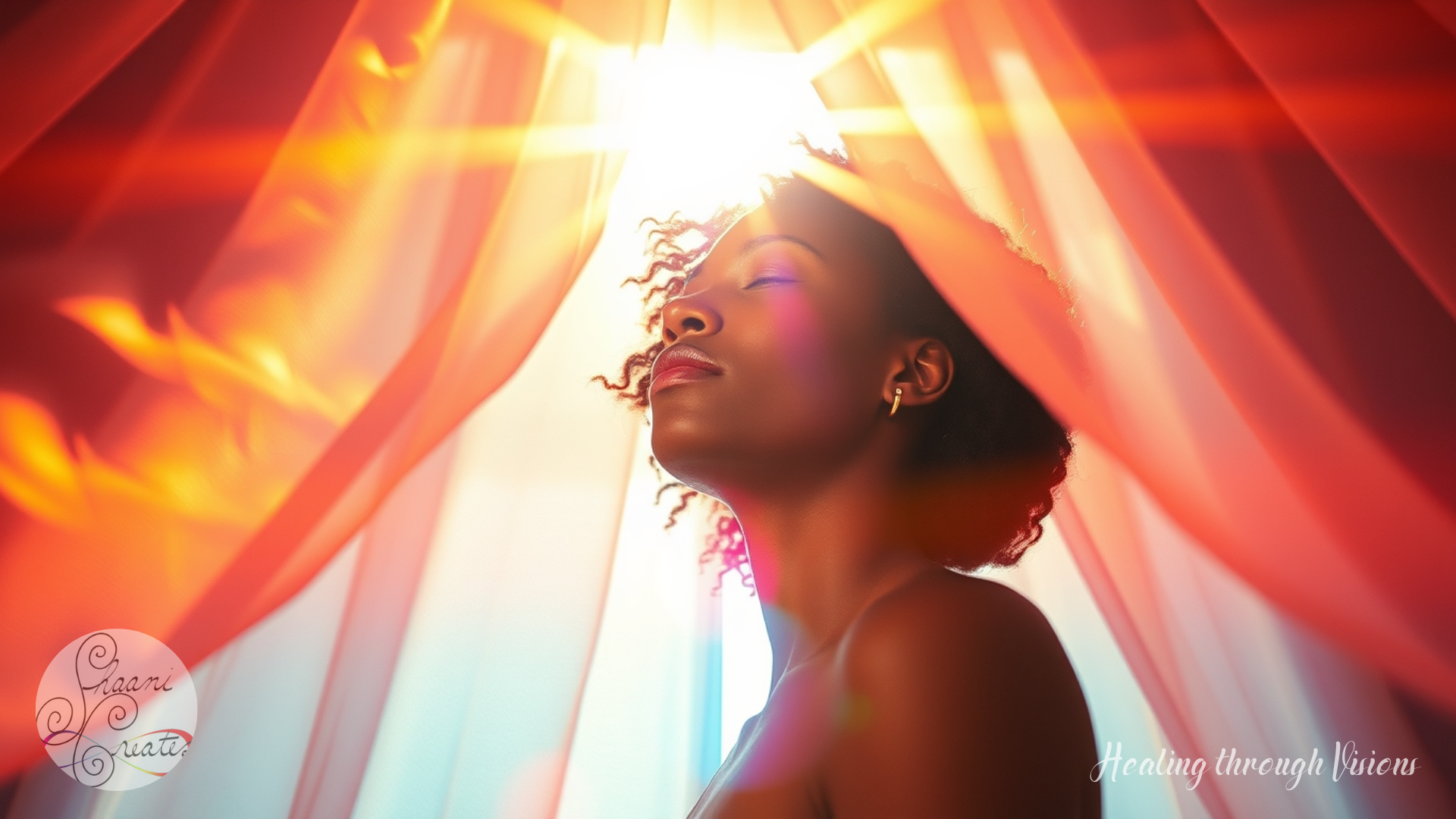 A Black woman stands bathed in golden sunlight, framed by flowing coral-pink curtains that ripple like waves of firelight. Her face tilts gently upward, eyes closed in serene surrender, as the sun pours through the fabric like divine illumination. Light dances across her skin in soft flares and warm glows, creating an ethereal atmosphere that holds both stillness and power. This is a moment of embodiment—a sacred inhale at the edge of transformation. She doesn’t just receive the light. She radiates from within.