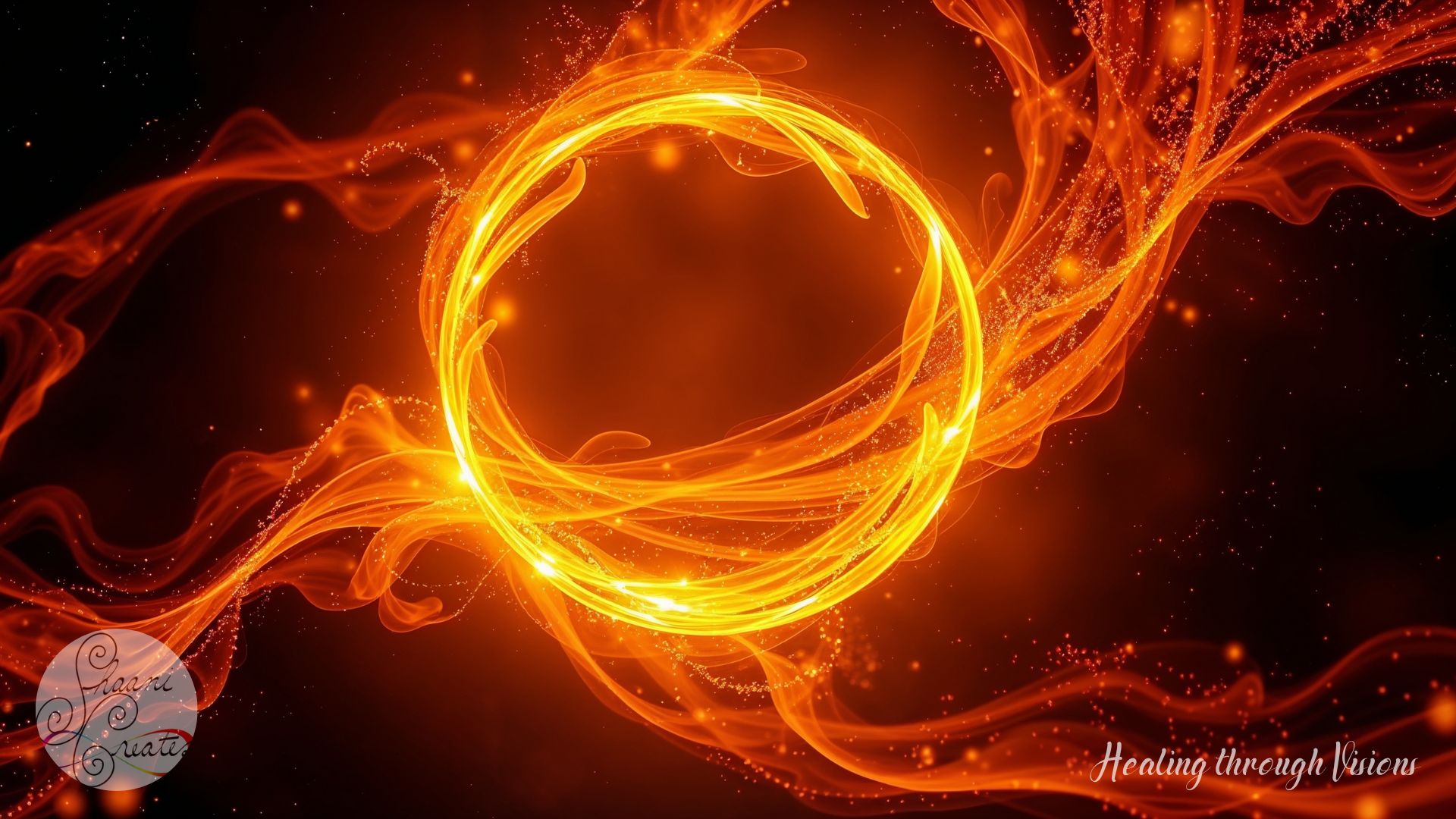 A bright golden spiral of warm, flowing energy glows against a dark backdrop, forming a soft ring that moves like breath. Light trails ripple outward with a gentle heat, capturing the feeling of a steady inner flame rising from the solar plexus.