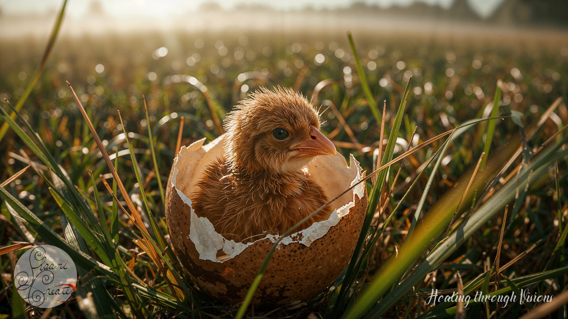 A just-born chick sits nestled in a cracked shell, its wet feathers clinging to its body, eyes wide with quiet awareness. Morning light spills across a dew-kissed field, casting golden rays through the tall grass. The scene holds both the mess and miracle of becoming—fresh breath, broken shell, and a world waiting. The sacred tension between what was and what now is lingers in the air, as if the Earth itself is bearing witness to the beauty of emergence.