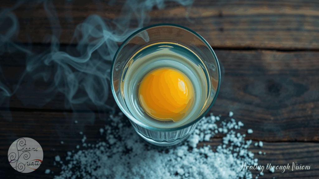 A glass of water holds a raw egg just cracked for spiritual reading, surrounded by coarse salt and soft trails of smoke on a wooden altar. The scene captures the sacred stillness after an egg cleansing—the moment where the unseen begins to speak.