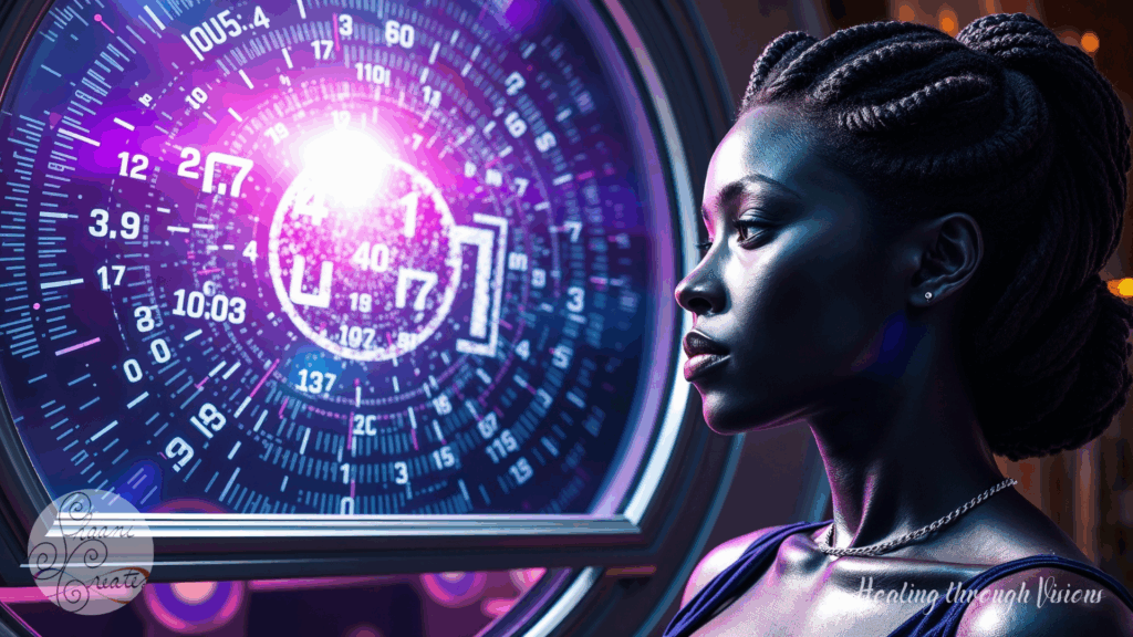 A radiant dark-skinned Black woman with intricately twisted locs stands in profile, her gaze locked onto a glowing vortex of algorithmic data and digital codes. Bathed in violet and indigo light, she radiates calm authority and presence. The interface before her pulses with numbers and symbols, yet her energy remains untouched—anchored in clarity, sovereignty, and intuitive knowing. Her silver chain glints subtly, echoing her quiet strength. This image reflects spiritual protection, deconditioning, and the sacred act of reclaiming one’s mental and energetic focus in a world of manipulation.