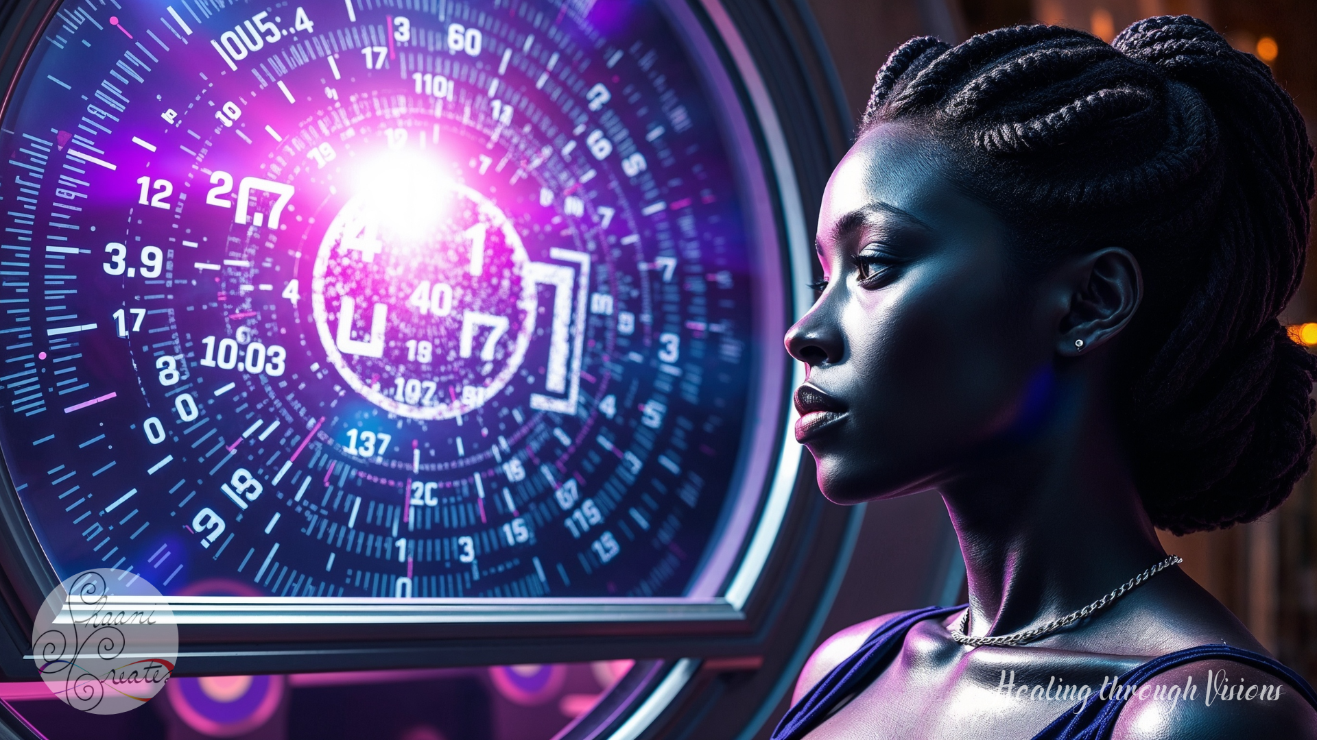 A radiant dark-skinned Black woman with intricately twisted locs stands in profile, her gaze locked onto a glowing vortex of algorithmic data and digital codes. Bathed in violet and indigo light, she radiates calm authority and presence. The interface before her pulses with numbers and symbols, yet her energy remains untouched—anchored in clarity, sovereignty, and intuitive knowing. Her silver chain glints subtly, echoing her quiet strength. This image reflects spiritual protection, deconditioning, and the sacred act of reclaiming one’s mental and energetic focus in a world of manipulation.