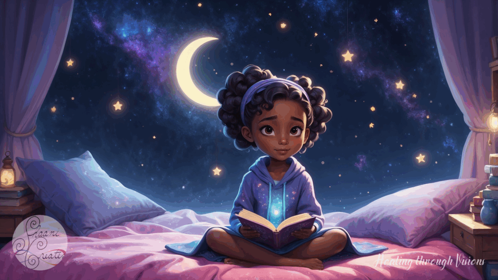 A stylized 3D animated 6 year old Black girl sits cross-legged on her bed, surrounded by glowing stars painted on the walls. Her room feels like a galaxy—soft purples, deep blues, and golden constellations gently pulsing with light. She wears cozy pajamas with crescent moons, her big 2 strand twists wrapped in a silk scarf. She’s holding a well-loved storybook in her lap, eyes wide as she listens to the words being read by a glowing spirit guide beside her—a translucent, gentle figure made of stardust and memory. The lighting is cinematic and dreamy, in the style of DreamWorks. Her features reflect Moon Girl meets Proud Family—expressive, soulful, and full of wonder. Around her, magical sparkles rise like fireflies, a very loved off white teddy bear with a worn nose, watch in quiet reverence. This is a moment of safety, love, and deep ancestral presence.