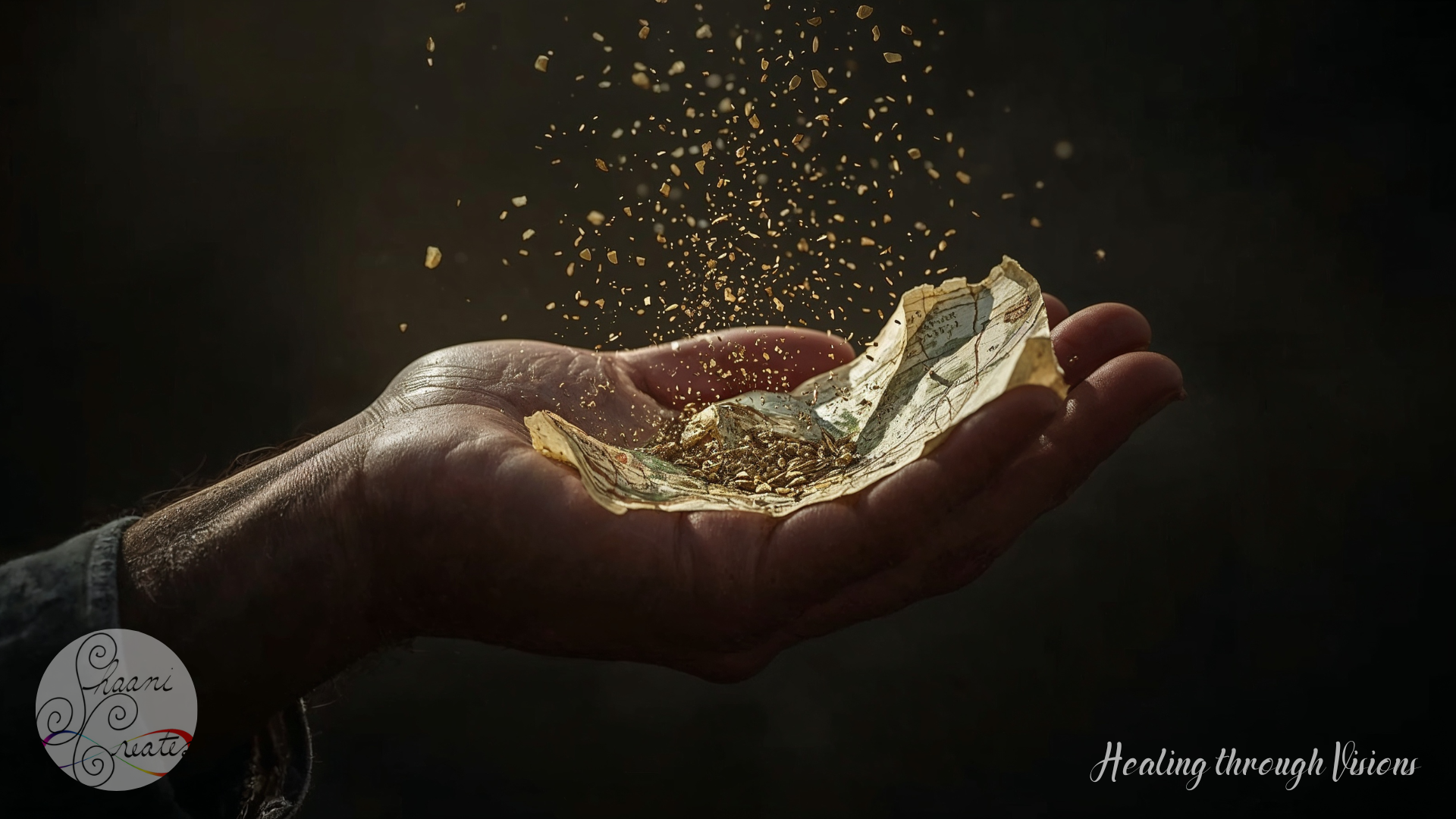 An outstretched hand cradles a fragile, timeworn map, its edges torn and curled with age. From the map’s surface, golden fragments rise into the air like shimmering seeds or memories in motion. The background is dark and soft, allowing the glow of the particles and the tenderness of the gesture to take center stage. The moment feels quiet and holy—an intimate act of release, where what once guided the way is returned to the unknown. It evokes the soul’s transition from surviving by old stories to living through embodied truth. This image reflects the central theme of letting go, composting the past, and trusting the wisdom rising within.
