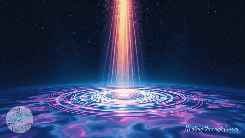A brilliant beam of rose-gold and indigo light streams from the cosmos, descending into the center of a vast, glowing ripple pool. Each ring of water pulses outward in waves of lavender, sapphire, and electric pink—like echoes of a prayer answered from within. The light doesn’t pierce—it embraces. The surrounding sky holds quiet stars as witnesses, as if the universe itself is in reverent stillness. This is the moment of reclamation. A visual embodiment of radical self-love, cellular healing, and soul transformation.