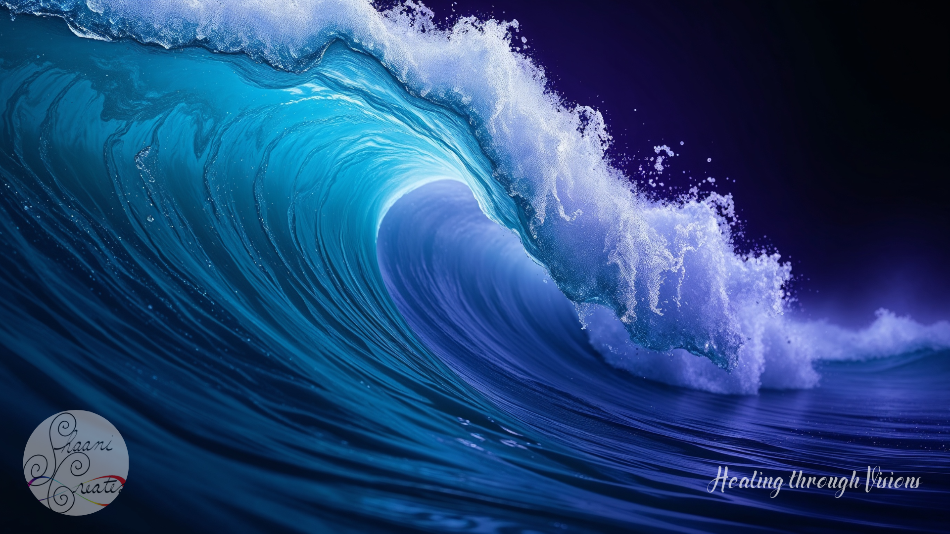 A powerful ocean wave rises in a graceful arc, its deep blue body lined with luminous streaks of turquoise, while white foam bursts at the crest against a backdrop of midnight violet sky. The water’s motion feels both fierce and fluid, capturing the energy of momentum, depth, and transformation.