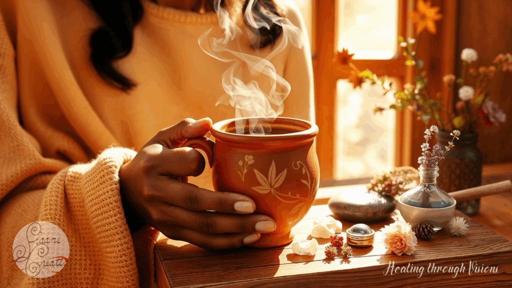 A close-up of a Black woman wrapped in a cozy golden blanket, holding a steaming clay mug adorned with soft floral designs. Sunlight streams through a wooden window behind her, casting a warm, golden glow across the space. On the wooden table rests a small altar arrangement with delicate flowers, healing stones, and a potion-like glass bottle, evoking a sense of peace, presence, and sacred self-care. The moment feels quiet, reverent, and alive.