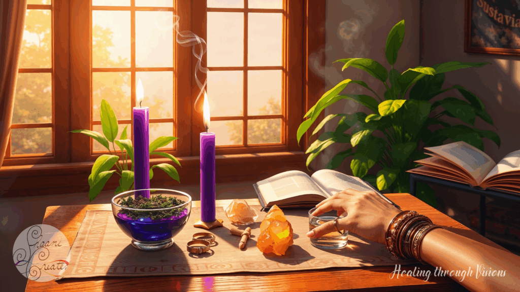 Golden sunlight pours through a window onto a wooden altar, where two tall purple candles flicker beside a deep blue glass bowl filled with herbs. Crystals, rings, and sacred tools rest on a woven cloth, emanating subtle energy. An open book suggests wisdom in motion, while a hand adorned with copper and brass bangles gently touches a glass of water—an offering or a blessing in progress. The space breathes with intention, balance, and the steady rhythm of Jupiter’s guidance. Surrounding plants lean toward the light, echoing the living expansion unfolding at this sacred table.