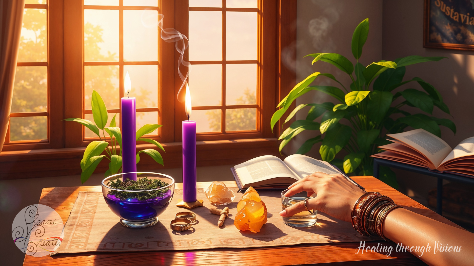 Golden sunlight pours through a window onto a wooden altar, where two tall purple candles flicker beside a deep blue glass bowl filled with herbs. Crystals, rings, and sacred tools rest on a woven cloth, emanating subtle energy. An open book suggests wisdom in motion, while a hand adorned with copper and brass bangles gently touches a glass of water—an offering or a blessing in progress. The space breathes with intention, balance, and the steady rhythm of Jupiter’s guidance. Surrounding plants lean toward the light, echoing the living expansion unfolding at this sacred table.