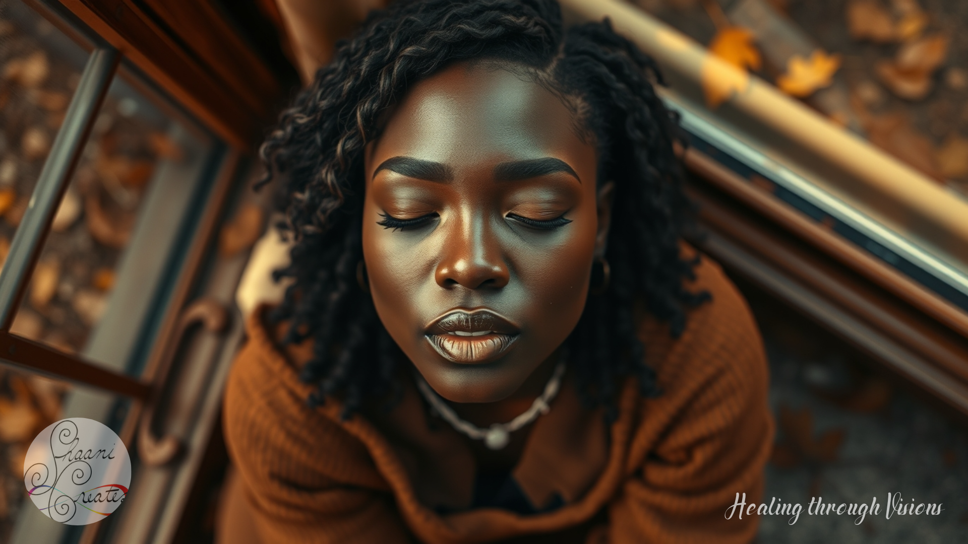 A beautiful Black woman sits with her eyes gently closed, bathed in soft autumn light streaming through an open window. Her face is serene, her skin radiant, her breath steady. The warm tones of her brown sweater and the fallen leaves around her evoke a deep connection to the Earth. Her posture speaks of grounded presence, clarity, and quiet power. She is not waiting—she is embodying. This image reflects the energy of the intention I am protected and well. It mirrors the heart of the post—living from intention, resting in truth, and allowing energy to move with purpose and grace.