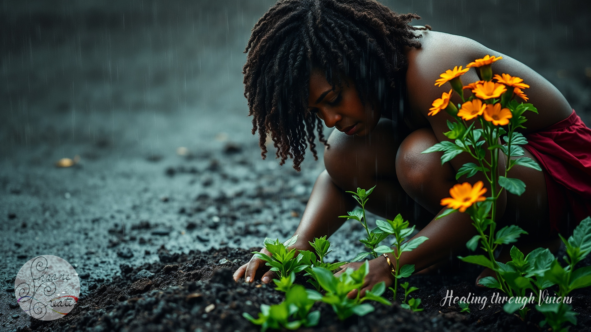 A Black woman kneels in rich, dark soil as gentle rain falls around her, each droplet merging with the Earth. Her hands tenderly press new green seedlings into place beside vibrant yellow flowers, her body curved in quiet devotion. The air feels alive with the scent of wet earth and fresh growth, carrying the grounding energy of Gaia. This is a moment of pure connection—where planting becomes prayer, and the rhythm of nature aligns with the steady beat of her heart.