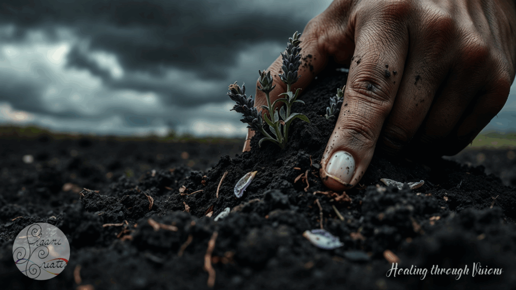 A close-up of a hand with rich brown skin, gently pressing into dark, fertile soil as tiny lavender sprouts emerge. The sky looms heavy with dark clouds, signaling a storm either coming or passing. Earth clings to the skin beneath the nails, symbolizing the deep work of transformation. Small purple petals rest in the soil, hinting at memory and renewal. This image carries the energy of shadow work—finding life in the depths, grounding through intensity, and holding space for new growth.
