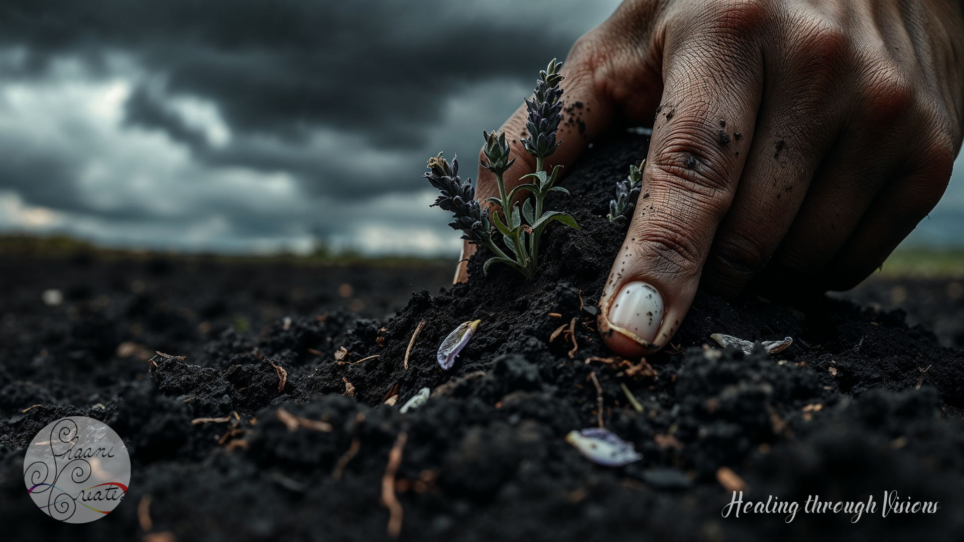 A close-up of a hand with rich brown skin, gently pressing into dark, fertile soil as tiny lavender sprouts emerge. The sky looms heavy with dark clouds, signaling a storm either coming or passing. Earth clings to the skin beneath the nails, symbolizing the deep work of transformation. Small purple petals rest in the soil, hinting at memory and renewal. This image carries the energy of shadow work—finding life in the depths, grounding through intensity, and holding space for new growth.