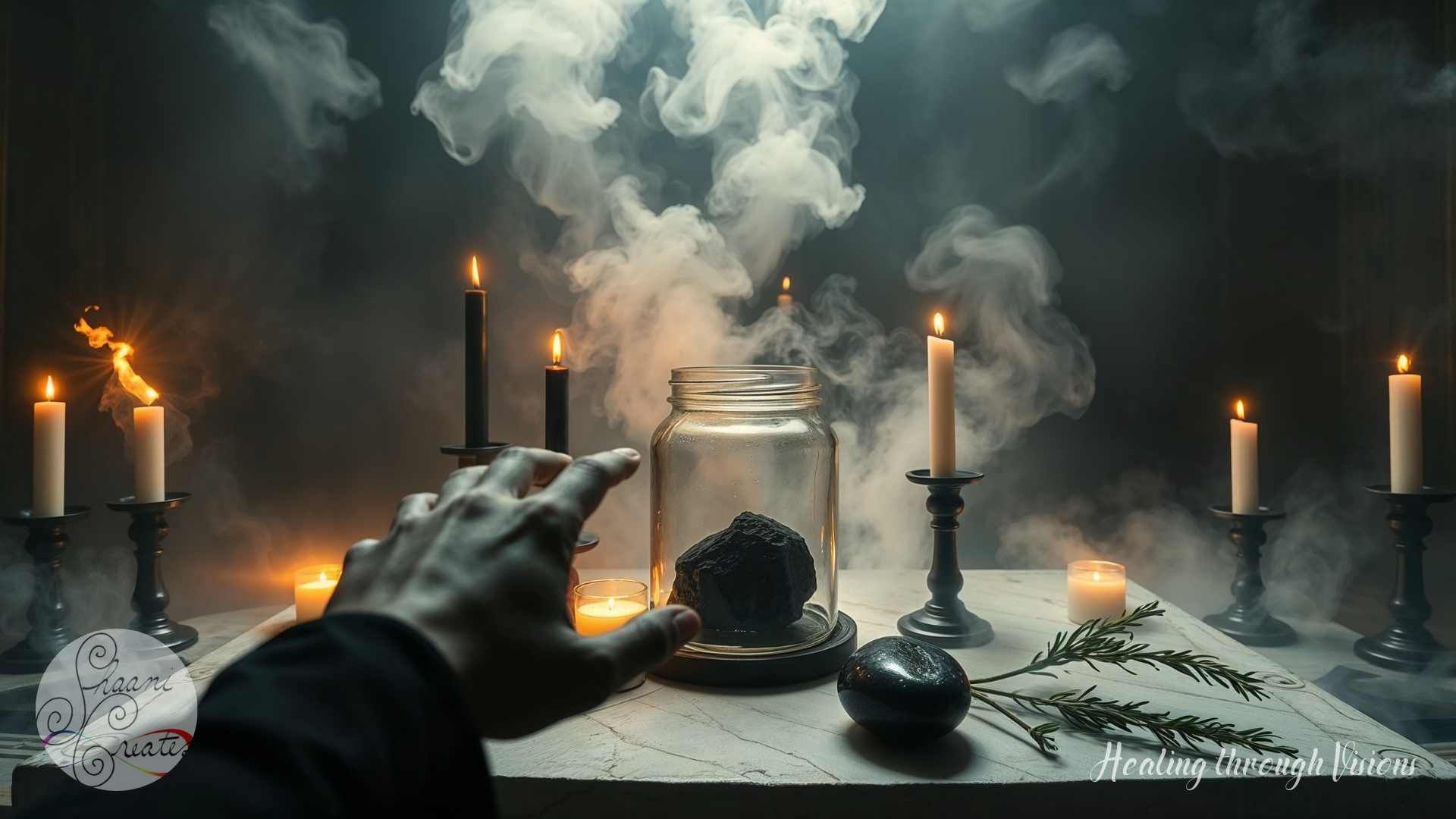A powerful ritual altar prepared for Cleansing & Banishment work, featuring a sealed glass jar containing a black stone, surrounded by lit black and white candles. Smoke swirls through the air, symbolizing energetic release and transformation. A hand reaches forward in sacred activation, while a smooth black stone and a sprig of rosemary rest on the marble surface—evoking protection, clarity, and ancestral presence. This scene reflects the intentional depth of banishment rituals offered through Healing through Visions.
