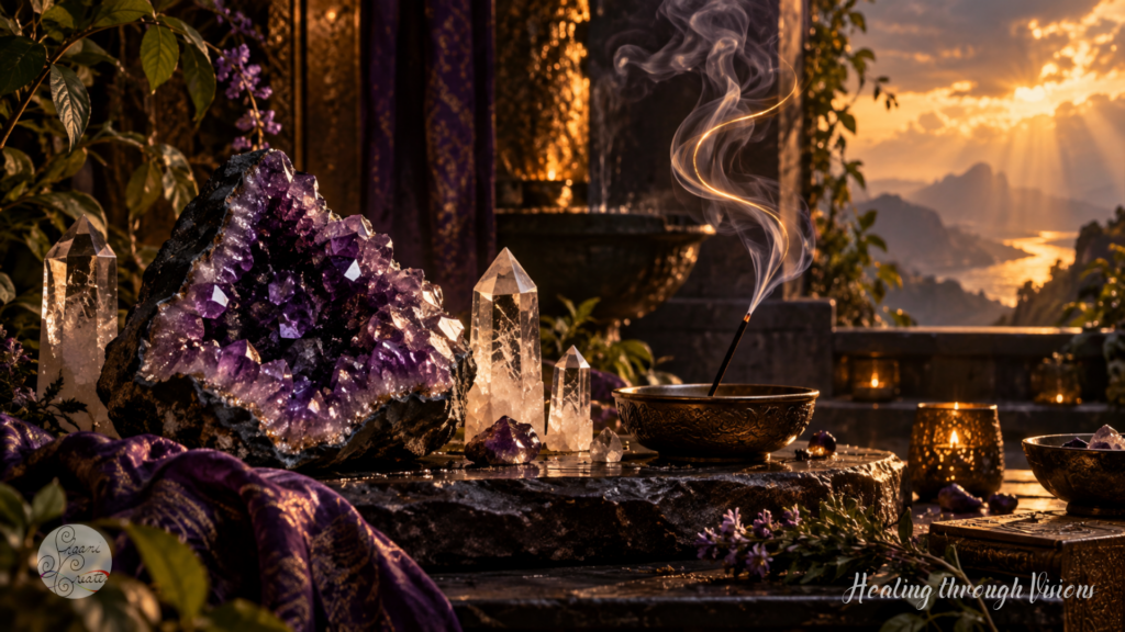 Amethyst and clear quartz crystals rest beside rising incense smoke in a sanctuary illuminated by golden sunlight. Rich violet tones, natural stone and flowing light evoke an empowering atmosphere for reflection, spiritual connection and Reiki energy work with Healing through Visions and ShaaniCreates.