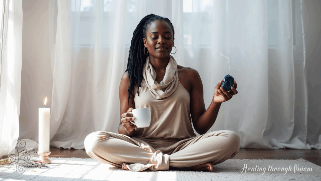 A radiant Black woman with rich brown skin sits cross-legged on a soft white rug, grounded in ritual. She wears a flowing taupe outfit, her locs cascading over one shoulder, gold hoops glinting in the morning light. With eyes gently closed, she holds a deep blue lapis lazuli crystal in one hand and a white ceramic cup of spearmint tea in the other. A tall white candle glows beside her, its flame steady. Sprigs of dried lavender rest near the base. Sunlight pours through sheer white curtains behind her, wrapping the scene in warmth and tranquility. The entire moment captures the energy of sacred preparation—rooted, clear, and ready to speak with power and grace.