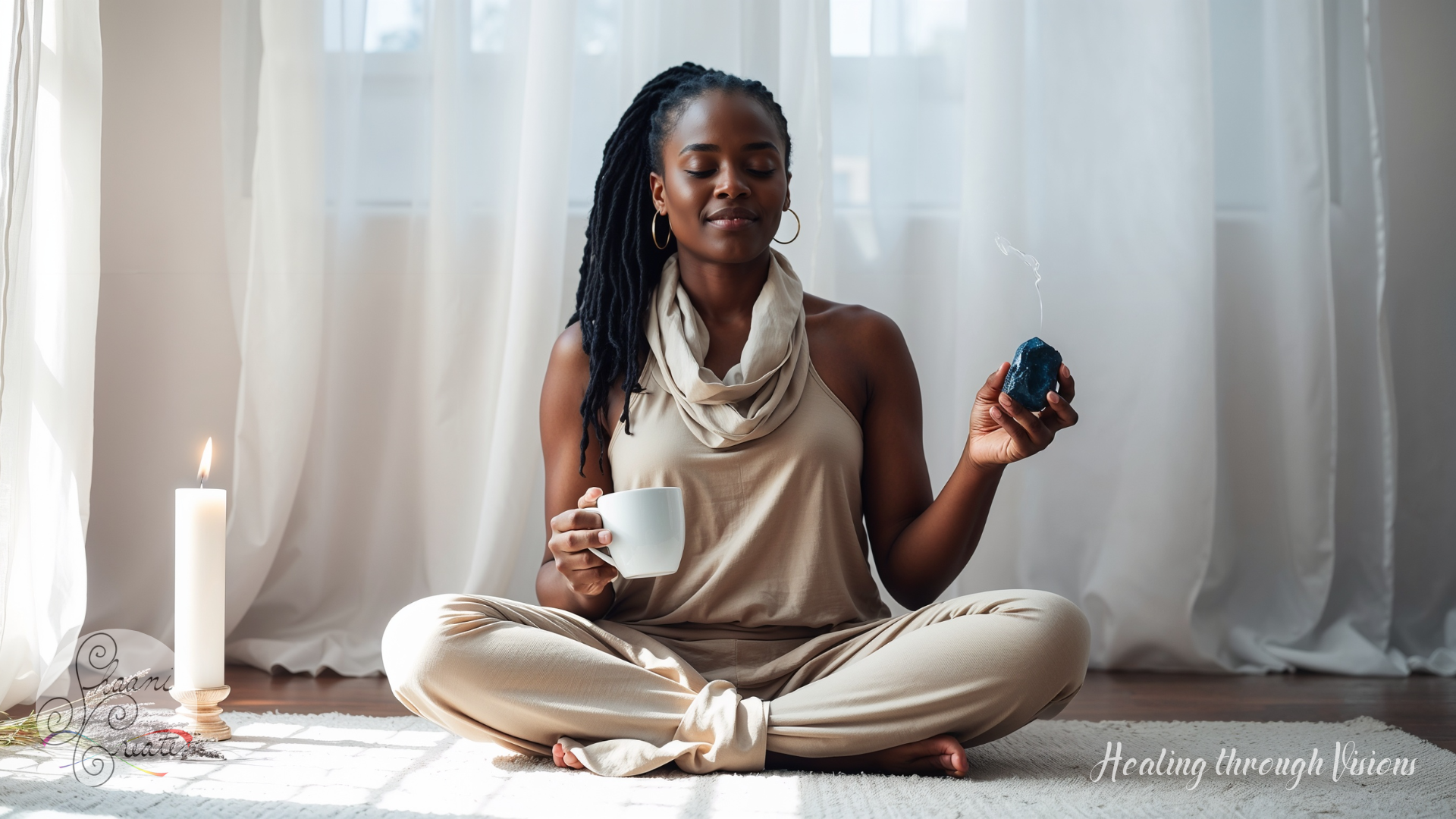 A radiant Black woman with rich brown skin sits cross-legged on a soft white rug, grounded in ritual. She wears a flowing taupe outfit, her locs cascading over one shoulder, gold hoops glinting in the morning light. With eyes gently closed, she holds a deep blue lapis lazuli crystal in one hand and a white ceramic cup of spearmint tea in the other. A tall white candle glows beside her, its flame steady. Sprigs of dried lavender rest near the base. Sunlight pours through sheer white curtains behind her, wrapping the scene in warmth and tranquility. The entire moment captures the energy of sacred preparation—rooted, clear, and ready to speak with power and grace.