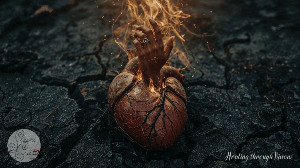 A cracked, desolate Earth cradles a decaying heart—its surface ruptured, roots exposed, glowing faintly with smoldering embers. From its center, a Black woman’s hand rises in divine emergence, fingers graceful and alive with purpose. Her skin is rich, radiant, and dusted with sacred ash. On her ring finger gleams a mystic ring—dark stone encircled in gold, humming with shamanic and ancestral frequency. Flames spiral gently upward, not destructive but activating. The entire scene feels like a soul reclaiming its place in the cosmos. This is not destruction. This is *Sacred Unbinding*—the moment when energy clears, codes rewrite, and the self steps back into its throne.