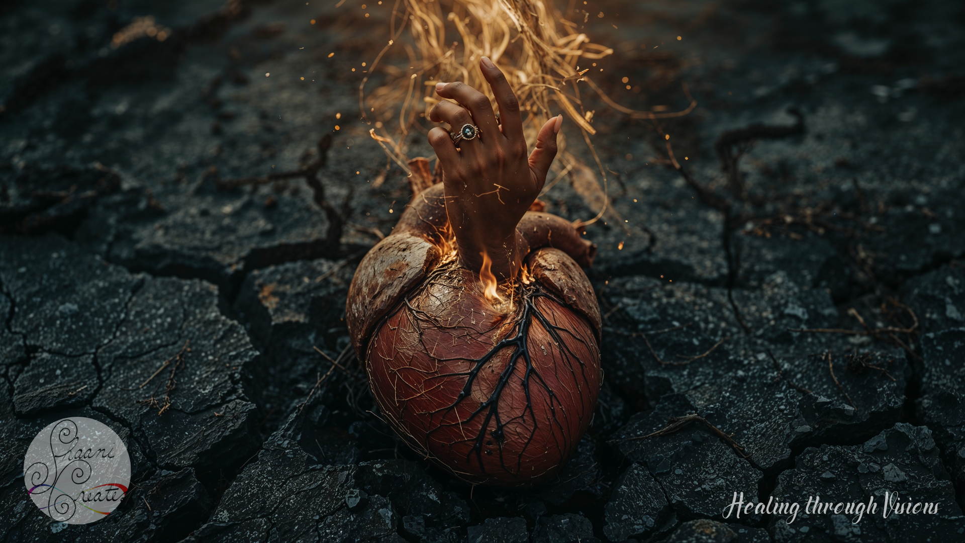 A cracked, desolate Earth cradles a decaying heart—its surface ruptured, roots exposed, glowing faintly with smoldering embers. From its center, a Black woman’s hand rises in divine emergence, fingers graceful and alive with purpose. Her skin is rich, radiant, and dusted with sacred ash. On her ring finger gleams a mystic ring—dark stone encircled in gold, humming with shamanic and ancestral frequency. Flames spiral gently upward, not destructive but activating. The entire scene feels like a soul reclaiming its place in the cosmos. This is not destruction. This is *Sacred Unbinding*—the moment when energy clears, codes rewrite, and the self steps back into its throne.