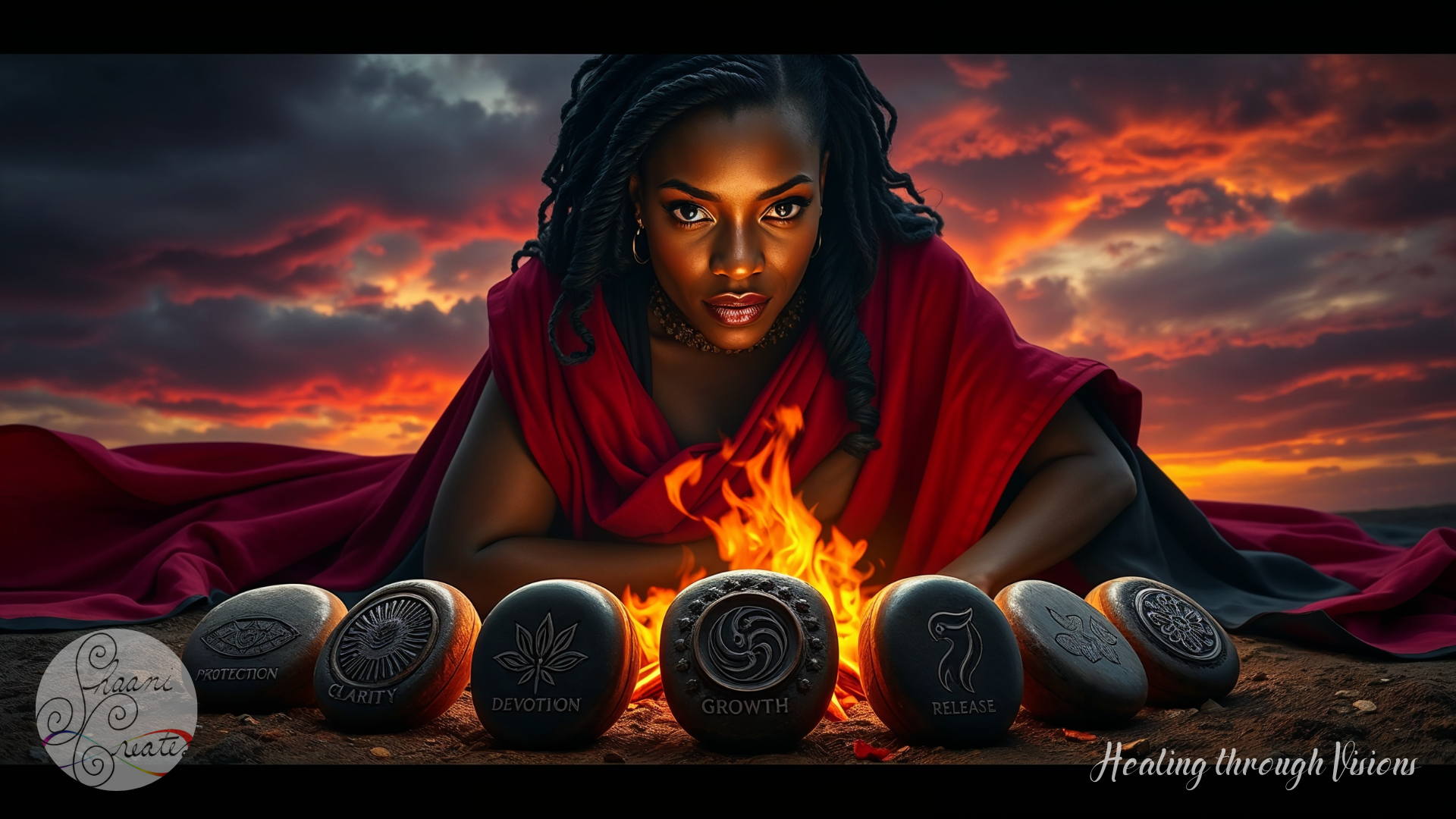 A powerful Black woman kneels before an open fire at sunset, wrapped in flowing crimson fabric. Her expression is focused and sovereign, illuminated by the flames before her. Seven black stones form a ritual arc in the earth. The first five are etched with both sigils and words—Protection, Clarity, Devotion, Growth, and Release. The final two stones display intricate symbols but carry no written words, inviting interpretation and honoring the unknown. The fire blazes at the center, casting warmth and light across her skin as the sky glows with layers of orange, gold, and violet. This image captures the sacred moment where intention, transformation, and ancestral power meet under Saturn’s gaze.