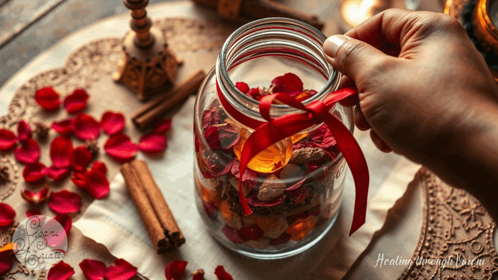 A close-up of a glass jar resting on an earth-toned altar, filled with rose petals, cinnamon sticks, citrine, and a folded parchment scroll. A hand with rich brown skin ties a deep red ribbon around the neck of the jar, sealing it with focused intention. Sunlight pours across the scene, casting a golden glow, while a faint shimmer of magical energy wraps around the jar like a soft halo. The space feels warm, grounded, and deeply sacred, charged with ancestral presence and the quiet hum of manifestation.