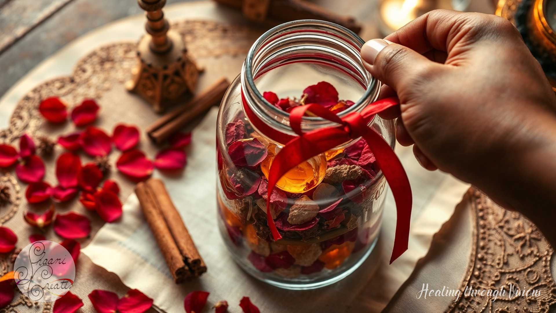 A close-up of a glass jar resting on an earth-toned altar, filled with rose petals, cinnamon sticks, citrine, and a folded parchment scroll. A hand with rich brown skin ties a deep red ribbon around the neck of the jar, sealing it with focused intention. Sunlight pours across the scene, casting a golden glow, while a faint shimmer of magical energy wraps around the jar like a soft halo. The space feels warm, grounded, and deeply sacred, charged with ancestral presence and the quiet hum of manifestation.