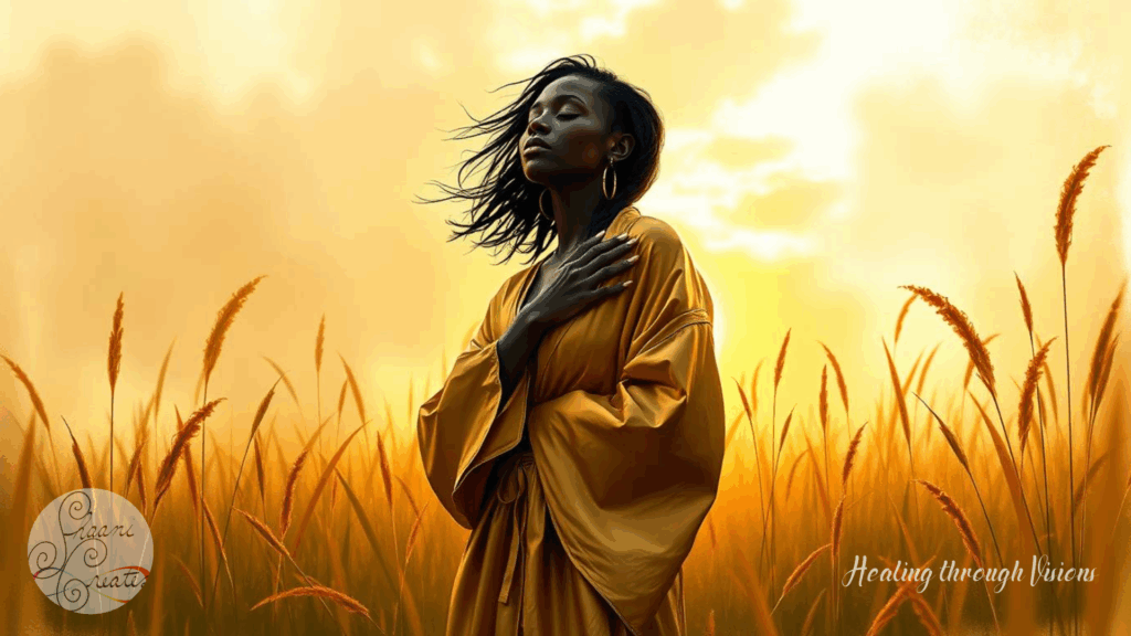 A Black woman stands in a golden field at sunrise, wrapped in a flowing robe the color of sun-warmed honey. Eyes closed and hand resting over her heart, she breathes deeply into the moment, her body soft yet sovereign. The tall grass around her sways in quiet rhythm as the sky glows with possibility. Her presence speaks of embodied wisdom, trust in divine timing, and the sacred act of allowing expansion without force. This image reflects the essence of Jupiter Devotion—a living, breathing reminder that growth is not earned through striving, but allowed through presence.