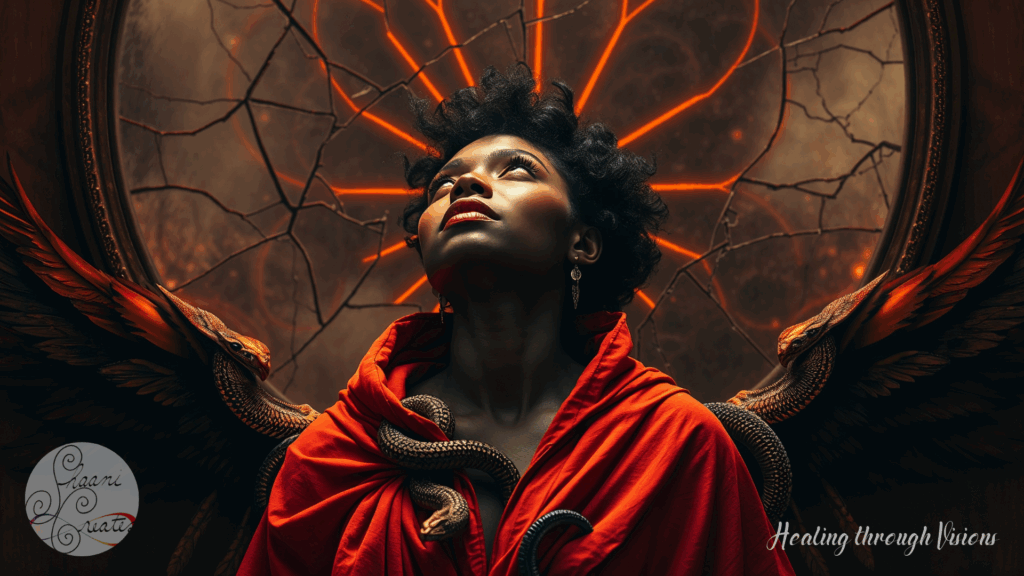 A radiant Black woman cloaked in deep red stands before a shattered circular mirror glowing with molten orange light. Serpents wrap around her chest like protectors and messengers, while dark wings emerge from either side, evoking divine and forbidden power. Her head tilts upward, eyes closed in devotion or invocation, as if answering a call from beyond the veil. The atmosphere pulses with sacred sensuality, ancestral remembrance, and unapologetic embodiment.
