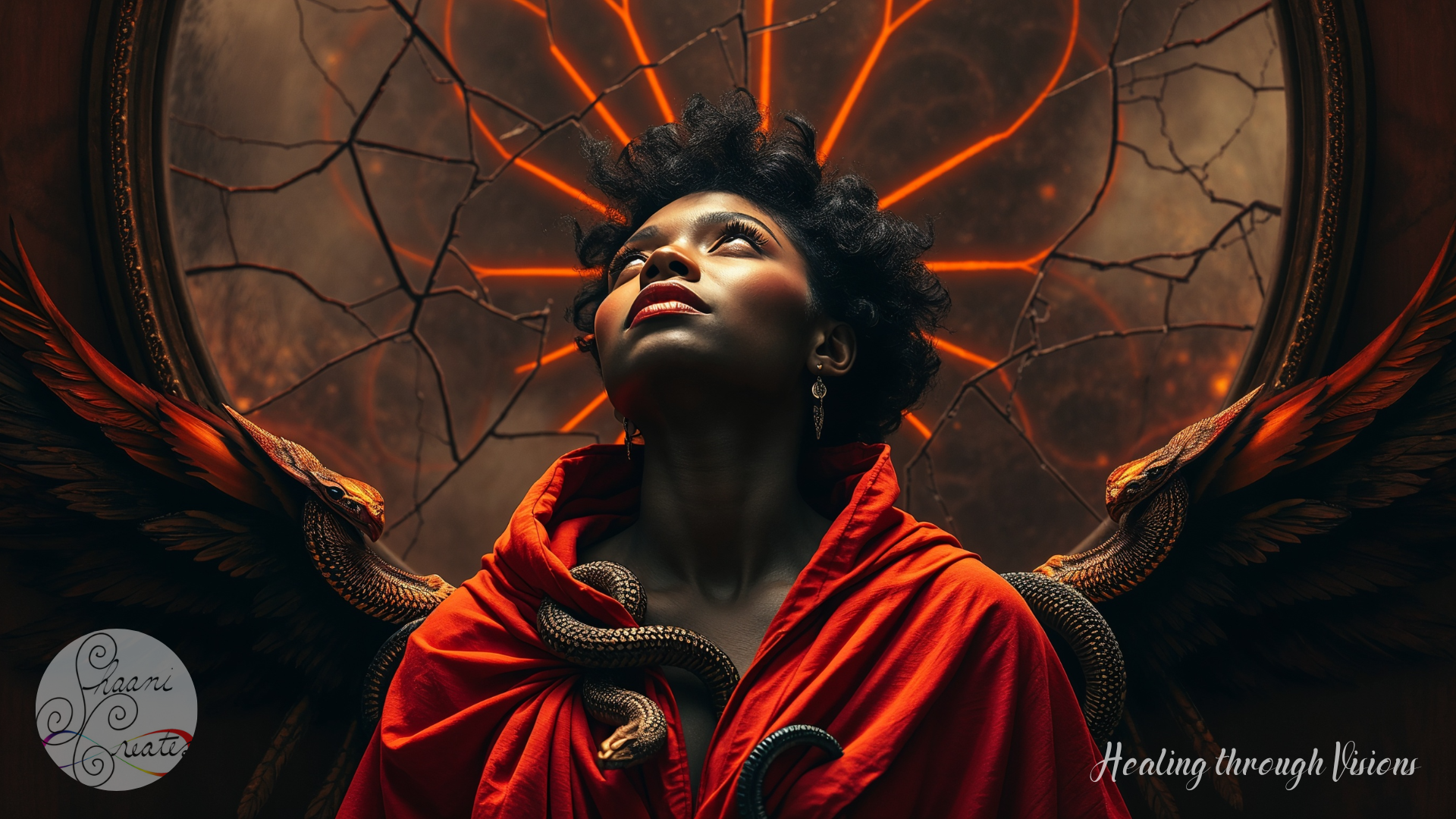 A radiant Black woman cloaked in deep red stands before a shattered circular mirror glowing with molten orange light. Serpents wrap around her chest like protectors and messengers, while dark wings emerge from either side, evoking divine and forbidden power. Her head tilts upward, eyes closed in devotion or invocation, as if answering a call from beyond the veil. The atmosphere pulses with sacred sensuality, ancestral remembrance, and unapologetic embodiment.