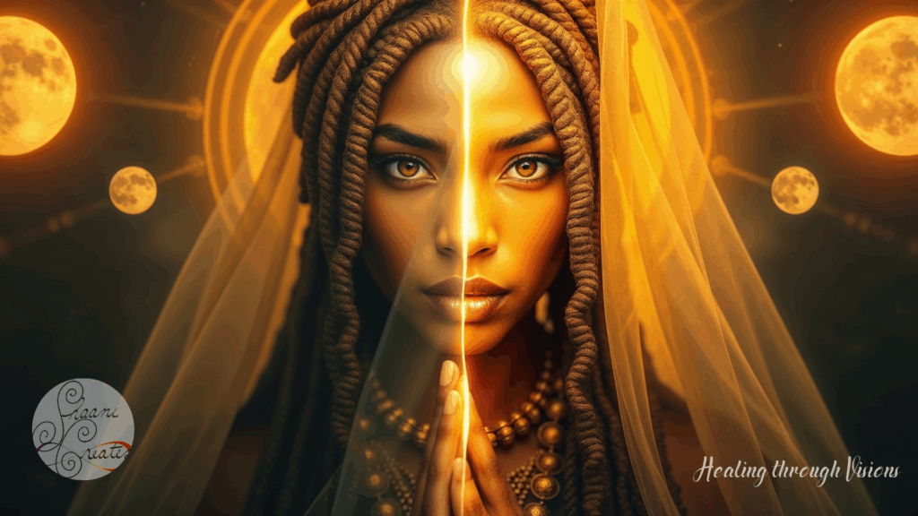 A radiant Black High Priestess with golden-brown locs stands centered in a veil of cosmic light, her gaze unwavering, soul-deep, and infinite. A beam of golden light slices through her third eye, illuminating the threshold between seen and unseen. Her hands rest in a gesture of reverence at her lips, anchoring silence and insight as one. Moons orbit around her like witnesses—symbols of cycles, intuition, and divine timing. She holds the mystery, not as a secret, but as a living truth. She is the embodiment of sacred reflection, of wisdom in motion. The veil lifts. She is here.