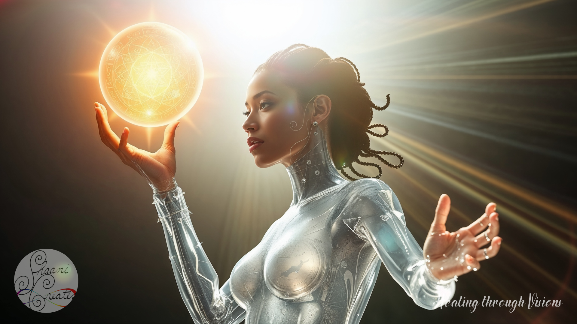 A futuristic mystic stands poised in radiant light, embodying the seamless fusion of ancient power and advanced spiritual technology. Her crystalline body glows with subtle circuitry and sacred symbols, while her locs coil like antennas tuning into unseen realms. In her outstretched hand, she holds a luminous orb etched with golden sacred geometry— a living symbol of activation, transformation, and energetic mastery. Rays of light pulse around her like a multidimensional transmission, capturing the moment she channels energy into motion with focus, grace, and divine intention.