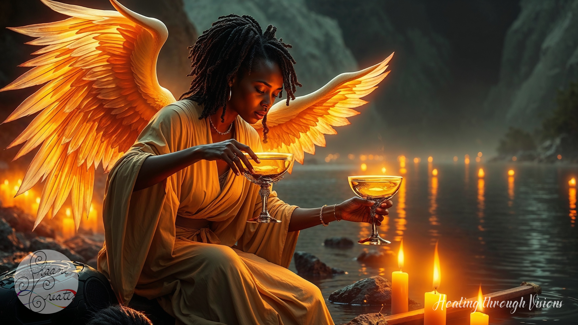 A luminous Black woman kneels at the river’s edge, golden wings fanned wide behind her as she pours a stream of glowing liquid between two chalices with precise, reverent grace. Dressed in flowing robes the color of candlelight, she is the living embodiment of Temperance—the sacred balance of spiritual fire and emotional flow. Dozens of candles float gently across the water behind her, their light reflecting like silent prayers. The misty mountains and soft shadows around her create a container of stillness, where presence becomes ritual. This image holds the essence of Jupiter and Temperance: divine expansion anchored in harmony, power expressed through patience, and the mastery of pouring without spilling a drop.
