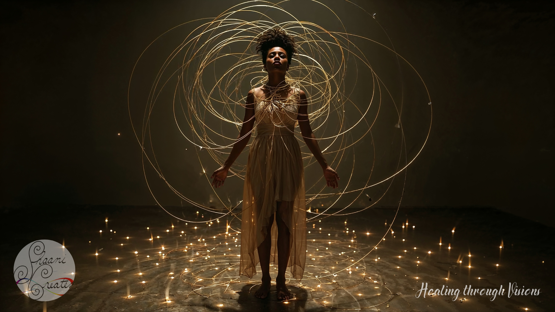 A barefoot Black woman stands in stillness, her arms gently open as golden strands of light spiral around her body like cosmic threads. She is wrapped in a soft, flowing dress, grounded on a dimly lit floor scattered with points of light—each one pulsing like a memory returning home. The energy swirls from her center outward, creating an aura of sacred integration. She is mid-becoming, neither reaching nor resisting. This is the embodiment of a woman reclaiming all of herself.