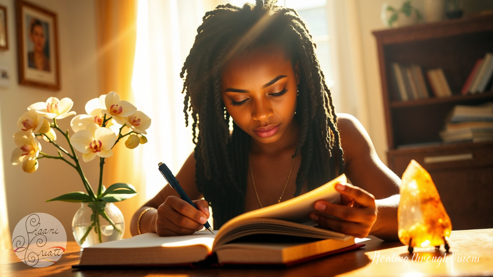 A radiant Black teenage girl with locs writes with focused intention in her journal, the room aglow with golden morning light. A vase of blooming orchids rests nearby, symbolizing grace and unfolding brilliance. Beside her, a luminous sunstone crystal radiates warmth and purpose, mirroring the fire in her spirit. This is a sacred moment of becoming—where vision, devotion, and divine timing align. Her words are spells. Her presence is power. The future she’s writing is already on its way.