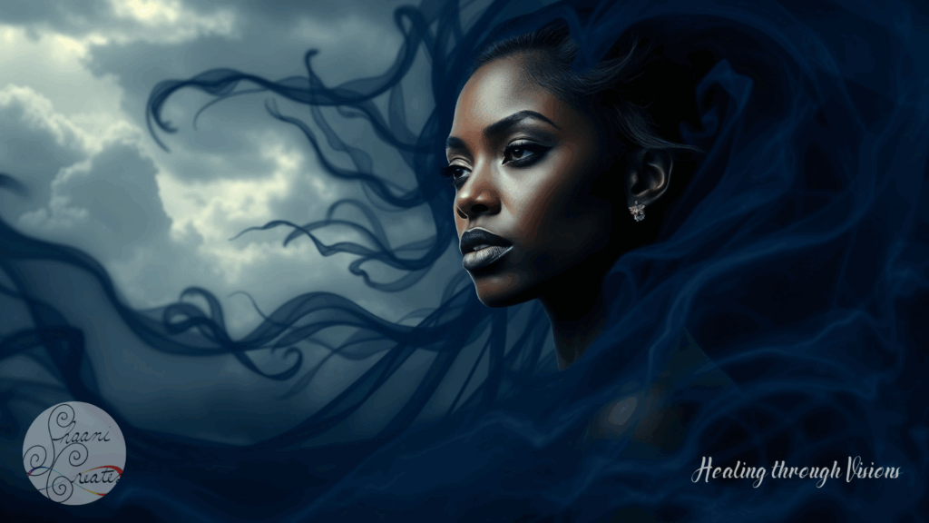 A striking portrait of a Black woman with a calm, resolute expression, her face illuminated against a stormy sky. Dark blue, smoke-like currents swirl around her, representing chaotic or disruptive energies, yet she remains untouched and steady, embodying strength, discernment, and energetic protection.
